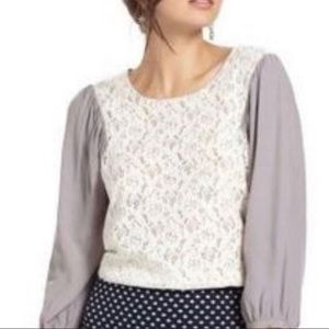 ANTHRO MAEVE Blouse Sheer Ivory Lace Purple Sleeve